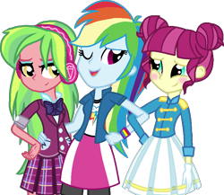 Size: 760x660 | Tagged: safe, artist:starryoak, character:lemon zest, character:majorette, character:rainbow dash, character:sweeten sour, equestria girls:friendship games, g4, my little pony: equestria girls, my little pony:equestria girls, background human, blushing, clothing, crystal prep academy uniform, female, headphones, lesbian, majorette, one eye closed, ot3, polyamory, rainbow dash gets all the mares, rainbowzest, school uniform, shipping, simple background, sweeten sour, sweetendash, transparent background, wink