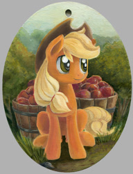 Size: 600x780 | Tagged: safe, artist:maytee, character:applejack, species:earth pony, species:pony, apple, basket, female, food, mare, sitting, smiling, solo