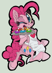 Size: 600x844 | Tagged: safe, artist:xenon, character:pinkie pie, species:earth pony, species:pony, apron, bipedal, clothing, cupcake, female, looking at you, mare, solo, wink
