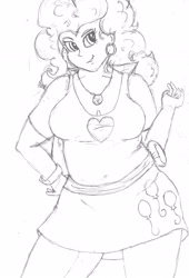 Size: 2164x3187 | Tagged: safe, artist:bigmacintosh2000, character:pinkie pie, my little pony:equestria girls, bracelet, chubby, cleavage, clothing, earring, female, jacket, monochrome, necklace, piercing, plump, shirt, skirt, smiling, solo, traditional art