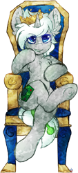 Size: 2034x4487 | Tagged: safe, artist:iroxykun, oc, oc only, unnamed oc, species:pony, species:unicorn, chair, crown, horn, male, smug, throne, throne slouch