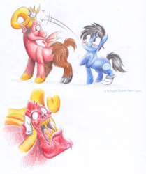 Size: 835x1000 | Tagged: safe, artist:stepandy, :i, blushing, clothing, fangs, leo and satan, open mouth, ponified, puffy cheeks, raised hoof, smiling, socks, throwing, traditional art, wide eyes