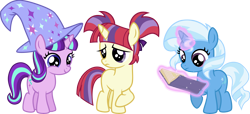 Size: 10318x4709 | Tagged: safe, artist:osipush, character:moondancer, character:starlight glimmer, character:trixie, species:pony, species:unicorn, absurd resolution, alternate hairstyle, alternate universe, book, clothing, cute, dancerbetes, diatrixes, female, glimmerbetes, hat, magic, mare, pigtails, reading, role reversal, simple background, transparent background, trixie's hat, vector, wizard hat, younger