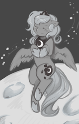 Size: 1220x1920 | Tagged: safe, artist:mlpfwb, character:princess luna, species:alicorn, species:pony, moonstuck, bipedal, eyes closed, female, filly, grayscale, monochrome, moon, smiling, solo, space, woona, younger