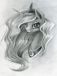 Size: 800x1069 | Tagged: safe, artist:maytee, character:princess luna, species:alicorn, species:pony, female, grayscale, monochrome, portrait, smiling, solo, traditional art