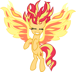 Size: 5906x5565 | Tagged: safe, artist:osipush, character:sunset shimmer, species:alicorn, species:pony, episode:my past is not today, g4, my little pony: equestria girls, absurd resolution, equestria girls ponified, female, fiery shimmer, fiery wings, fire, grin, happy, ponified, race swap, shimmercorn, simple background, smiling, solo, sunset phoenix, transparent background, vector