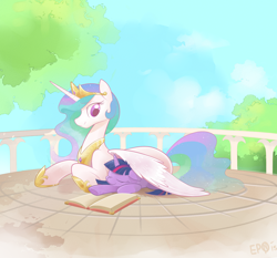 Size: 2000x1864 | Tagged: safe, artist:b-epon, character:princess celestia, character:twilight sparkle, species:alicorn, species:pony, species:unicorn, balcony, book, cute, cutelestia, eyes closed, female, filly, filly twilight sparkle, floppy ears, hug, mare, momlestia, motherly, prone, sleeping, smiling, twiabetes, wing blanket, winghug, younger