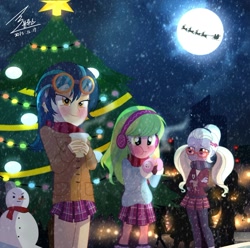 Size: 1100x1089 | Tagged: safe, artist:bluse, character:indigo zap, character:lemon zest, character:sugarcoat, equestria girls:friendship games, g4, my little pony: equestria girls, my little pony:equestria girls, blushing, christmas, christmas tree, clothing, coffee, cookie, crystal prep academy uniform, cute, eating, food, glasses, goggles, moon, santa claus, scarf, school uniform, show accurate, snow, snowfall, snowman, tree, winter