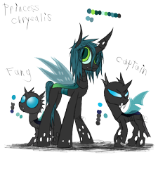 Size: 900x1000 | Tagged: safe, artist:didun850, character:queen chrysalis, oc, oc:captain, oc:fang, species:changeling, changeling oc, changeling queen, eye clipping through hair, female, nymph, princess chrysalis, simple background, transparent background, trio, young, younger