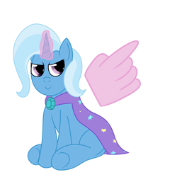 Size: 1000x1000 | Tagged: safe, artist:spritepony, character:trixie, species:pony, species:unicorn, dubs, female, hand, looking back, magic, magic hands, mare, pointing, simple background, sitting, solo, trixie's cape, underhoof, white background