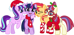 Size: 6766x3272 | Tagged: safe, artist:osipush, character:moondancer, character:starlight glimmer, character:sunset shimmer, character:twilight sparkle, character:twilight sparkle (alicorn), species:alicorn, species:pony, species:unicorn, clothing, counterparts, cute, dancerbetes, glimmerbetes, happy, hat, magical quartet, magical quintet, magical trio, one eye closed, santa hat, scarf, shimmerbetes, simple background, socks, sockset shimmer, striped socks, sweater, transparent background, twiabetes, twilight's counterparts, vector, wink, winter outfit