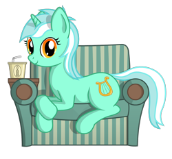 Size: 1458x1354 | Tagged: safe, artist:negasun, character:lyra heartstrings, armchair, couch, female, food, looking at you, prone, soda, solo