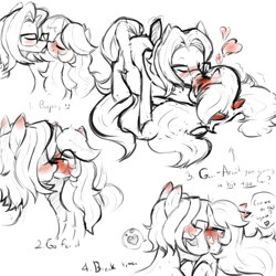 Size: 540x540 | Tagged: dead source, safe, artist:moonseeker, oc, oc only, oc:appel, oc:sketchy skylar, species:earth pony, species:pony, species:unicorn, appelskylar, blushing, blushing profusely, boop, drool, female, heart, kissing, lying down, male, mare, noseboop, oc x oc, on back, romantic, shipping, stallion