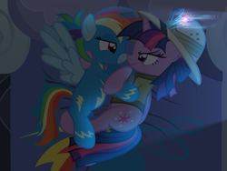 Size: 8000x6000 | Tagged: safe, artist:nightmaremoons, character:daring do, character:rainbow dash, character:twilight sparkle, character:twilight sparkle (alicorn), species:alicorn, species:pegasus, species:pony, ship:twidash, absurd resolution, alternate hairstyle, bed, bedroom eyes, boop, clothing, cosplay, costume, female, lesbian, looking at each other, mare, night, noseboop, on side, roleplaying, shipping, show accurate, snuggling, wingboner, wonderbolts uniform