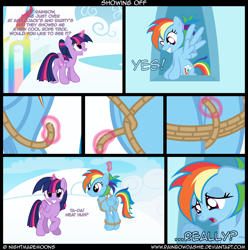 Size: 4000x4030 | Tagged: safe, artist:nightmaremoons, character:rainbow dash, character:twilight sparkle, character:twilight sparkle (alicorn), species:alicorn, species:pegasus, species:pony, ship:twidash, absurd resolution, alternate hairstyle, bait and switch, bondage, comic, dialogue, disappointed, doll, duo, female, grin, lesbian, magic, mare, rainbond dash, rainbow dash is not amused, rope, rope bondage, rope trick, shipping, telekinesis, tied up, twidom