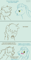 Size: 400x762 | Tagged: safe, artist:haretrinity, species:earth pony, species:pony, blushing, dialogue, embarrassed, eye contact, floppy ears, freckles, frown, gay, glare, gray background, grin, hair over eyes, hidden eyes, looking at each other, male, open mouth, pigpen, shipping, simple background, smiling, squeaky clean, squeakypen, squee, stallion, text, underhoof, wide eyes
