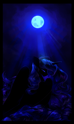 Size: 1800x3000 | Tagged: safe, artist:share dast, character:princess luna, species:alicorn, species:pony, backlit, eyelashes, eyes closed, female, long mane, mare, monochrome, moon, moonlight, night, pretty, silhouette, solo