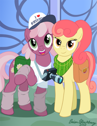 Size: 725x938 | Tagged: safe, artist:brianblackberry, character:apple bumpkin, character:cheerilee, apple family member, bottomless, camera, clothing, leg warmers, partial nudity, saddle bag