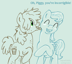 Size: 500x439 | Tagged: safe, artist:haretrinity, species:earth pony, species:pony, cute, eyes closed, female, gray background, hair over one eye, laughing, lesbian, licking, mare, messy mane, open mouth, pigpen, raised hoof, rule 63, shipping, simple background, smiling, squeaky clean, squeakypen