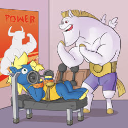 Size: 2500x2500 | Tagged: safe, artist:raph13th, character:bulk biceps, oc, oc:doc helix, comic:built for power, ask pony, dumbbell (object), tumblr, weight lifting
