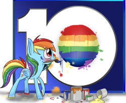 Size: 1100x900 | Tagged: safe, artist:silbersternenlicht, character:rainbow dash, species:pegasus, species:pony, female, mare, mouth hold, paint can, paintbrush, painting, raised hoof, smiling, solo