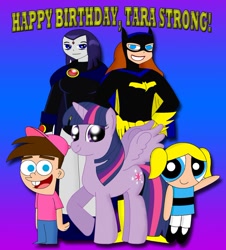 Size: 850x939 | Tagged: safe, artist:cyber-murph, character:twilight sparkle, character:twilight sparkle (alicorn), species:alicorn, species:pony, batgirl, batman the animated series, bubbles (powerpuff girls), crossover, female, happy birthday, mare, my little pony, raven (teen titans), tara strong, teen titans, the fairly oddparents, the powerpuff girls, timmy turner, tribute