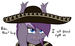 Size: 1280x793 | Tagged: safe, artist:phoenixswift, oc, oc only, oc:violet rose, species:bat pony, species:pony, crossover, dialogue, metal gear rising, solo, sombrero