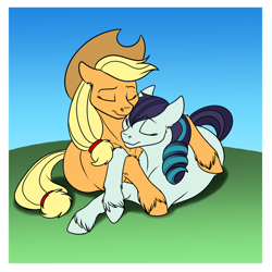 Size: 700x700 | Tagged: safe, artist:foxenawolf, character:applejack, character:coloratura, ship:rarajack, commission, cuddling, female, lesbian, shipping, snuggling