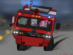 Size: 4000x3000 | Tagged: safe, artist:orang111, character:limestone pie, character:marble pie, character:pinkie pie, drift, fire engine, hud, korean, oshkosh p-19, this will end in tears, truck, vehicle