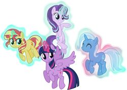 Size: 5821x4126 | Tagged: safe, artist:osipush, character:starlight glimmer, character:sunset shimmer, character:trixie, character:twilight sparkle, character:twilight sparkle (alicorn), species:alicorn, species:pony, species:unicorn, absurd resolution, counterparts, levitation, magic, magic aura, magical quartet, magical quintet, magical trio, self-levitation, telekinesis, twilight's counterparts