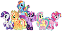 Size: 8480x4310 | Tagged: safe, artist:osipush, character:applejack, character:fluttershy, character:pinkie pie, character:rainbow dash, character:rarity, character:twilight sparkle, character:twilight sparkle (alicorn), species:alicorn, species:pony, absurd resolution, colored wings, commission, cutie mark magic, female, mane six, mare, multicolored wings, open mouth, rainbow power, rainbow power-ified, rainbow wings, simple background, transparent background, vector, wingding eyes