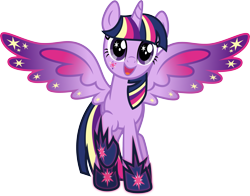 Size: 5169x4049 | Tagged: safe, artist:osipush, character:twilight sparkle, character:twilight sparkle (alicorn), species:alicorn, species:pony, absurd resolution, colored wings, cutie mark magic, female, mare, multicolored wings, open mouth, rainbow power, rainbow power-ified, rainbow wings, raised hoof, simple background, solo, transparent background, vector