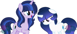 Size: 1024x458 | Tagged: safe, artist:t-aroutachiikun, oc, oc only, oc:eclipse shine, oc:pulsar sparkle, parent:flash sentry, parent:twilight sparkle, parents:flashlight, duo, offspring, simple background, sisters, story in the source, transparent background