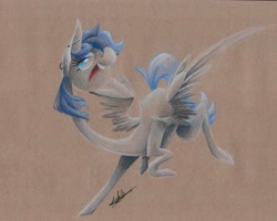 Size: 1017x815 | Tagged: source needed, safe, artist:getchanoodlewet, oc, oc only, oc:sapphire sights, species:pegasus, species:pony, abstract, flying, piercing, solo, traditional art