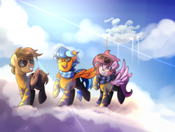 Size: 2500x1875 | Tagged: safe, artist:drawntildawn, oc, oc only, oc:lightning rider, oc:shine racer, species:pegasus, species:pony, clothing, cloud, cloudsdale, glasses, scarf, sky, suit, sunglasses
