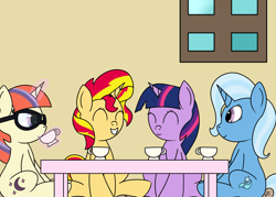 Size: 1400x1000 | Tagged: safe, artist:spritepony, character:moondancer, character:sunset shimmer, character:trixie, character:twilight sparkle, character:twilight sparkle (alicorn), species:alicorn, species:pony, species:unicorn, counterparts, food, group, magical quartet, sipping, tea, tea party, teacup, twilight's counterparts, younger