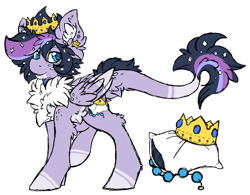 Size: 3280x2560 | Tagged: safe, artist:iroxykun, oc, oc only, oc:pillow prince, species:pegasus, species:pony, bedroom eyes, chest fluff, collar, crown, cutie mark, freckles, hybrid, male, piercing, pillow, solo, stallion, wings