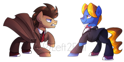Size: 2400x1208 | Tagged: safe, artist:drawntildawn, character:doctor whooves, character:perfect pace, character:time turner, species:pony, angry, clothing, crossover, doctor who, male, simple background, stallion, the master, transparent background, watermark