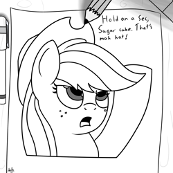 Size: 1000x1000 | Tagged: safe, artist:spritepony, character:applejack, black and white, breaking the fourth wall, drawing, female, grayscale, implied human, offscreen character, solo