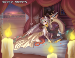 Size: 2000x1571 | Tagged: safe, artist:falleninthedark, artist:stepandy, character:discord, character:princess celestia, species:alicorn, species:draconequus, species:pony, ship:dislestia, bed, bedroom, bedroom eyes, blushing, candle, clothing, dress, female, flower, flower in hair, honeymoon, male, marriage, married, patreon, patreon logo, realistic horse legs, shipping, straight, suit, tuxedo, twilight (astronomy)