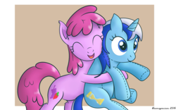 Size: 1455x910 | Tagged: safe, artist:bluemeganium, character:berry punch, character:berryshine, character:minuette, species:earth pony, species:pony, ship:berrette, berrybetes, cute, ear fluff, eyes closed, female, hug, lesbian, minubetes, plushie, shipping, smiling