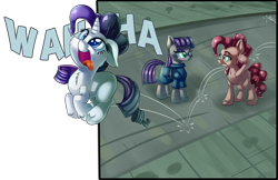 Size: 4000x2590 | Tagged: safe, artist:discorded, character:maud pie, character:pinkie pie, character:rarity, species:pony, episode:the gift of the maud pie, g4, my little pony: friendship is magic, absurd resolution, behaving like pinkie pie, breaking the fourth wall, cross-eyed, cute, eye contact, floppy ears, fluffy, hypocritical humor, open mouth, pronking, raised eyebrow, rarara, role reversal, silly, silly pony, smiling, tongue out, wahaha