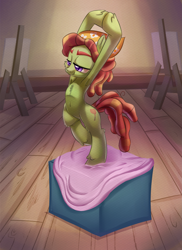 Size: 2911x4000 | Tagged: safe, artist:discorded, character:tree hugger, species:pony, episode:on your marks, g4, my little pony: friendship is magic, absurd resolution, armpits, art class, artistic nudity, bandana, belly button, bipedal, box, easel, female, modeling, nude model, pedestal, pose, scene interpretation, solo
