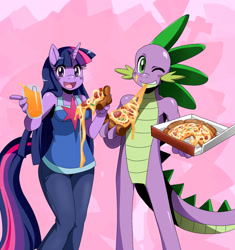 Size: 1024x1088 | Tagged: safe, artist:ss2sonic, character:spike, character:twilight sparkle, species:anthro, breasts, busty twilight sparkle, drink, eating, food, meat, pepperoni, pepperoni pizza, pizza