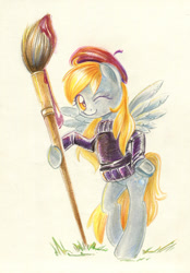 Size: 800x1148 | Tagged: safe, artist:maytee, character:derpy hooves, species:pony, beret, bipedal, clothing, female, paintbrush, solo, spread wings, sweater, traditional art, underhoof, wings, wink