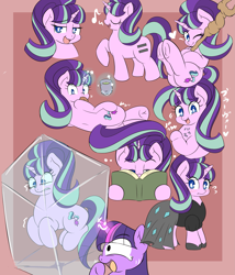 Size: 2753x3213 | Tagged: safe, artist:braffy, character:starlight glimmer, character:twilight sparkle, character:twilight sparkle (alicorn), species:alicorn, species:pony, species:unicorn, blushing, book, clothing, cute, dress, equal cutie mark, female, glimmerbetes, heart, japanese, looking at you, looking back, mare, music notes, one eye closed, open mouth, plot, s5 starlight, staff, staff of sameness, starlight says bravo, underhoof, wink