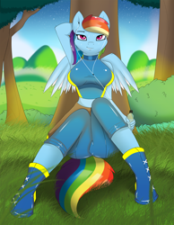 Size: 2000x2577 | Tagged: safe, artist:xorza, character:rainbow dash, species:anthro, species:plantigrade anthro, against tree, armpits, boots, breasts, busty rainbow dash, clothing, commission, earbuds, female, jacket, leaning, looking at you, looking away, looking up, midriff, sitting, solo, sweat, tree, under the tree, water bottle