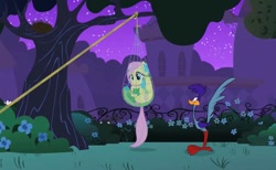 Size: 685x422 | Tagged: safe, artist:kturtle, edit, edited screencap, screencap, character:fluttershy, episode:the best night ever, g4, my little pony: friendship is magic, canterlot gardens, clothing, dress, fail, gala, gala dress, looney tunes, merrie melodies, net, night, oops, road runner