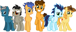 Size: 6673x2810 | Tagged: safe, artist:osipush, character:braeburn, character:cheese sandwich, character:discord, character:fashion plate, character:flash sentry, character:soarin', species:alicorn, species:earth pony, species:pegasus, species:pony, species:unicorn, alternate gender counterpart, alternate mane six, clothing, exploitable meme, grin, hat, looking at you, male, meme, personality swap, pony discord, prince flash sentry, race, raised hoof, simple background, smiling, smirk, squee, stallion, transparent background