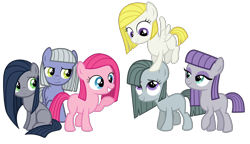 Size: 2376x1368 | Tagged: safe, artist:thecheeseburger, character:limestone pie, character:marble pie, character:maud pie, character:pinkamena diane pie, character:pinkie pie, character:surprise, oc, oc:minkie pie, female, filly, simple background, transparent background, vector
